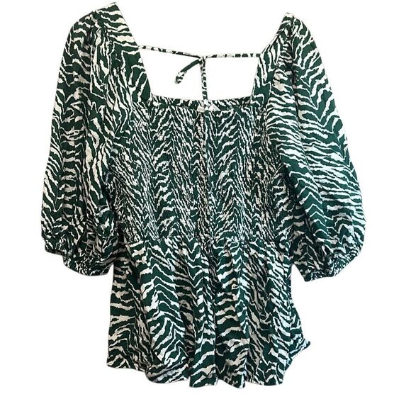Green Zebra Print Smocked Square Neck Puff Sleeve Top - Picture 7 of 7